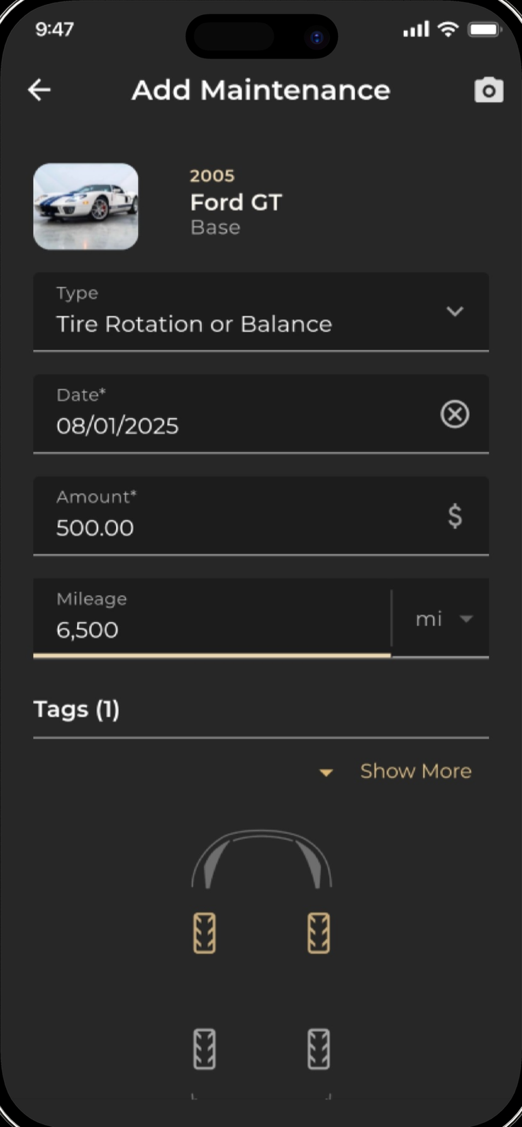 Logging a service entry with date, cost and mileage