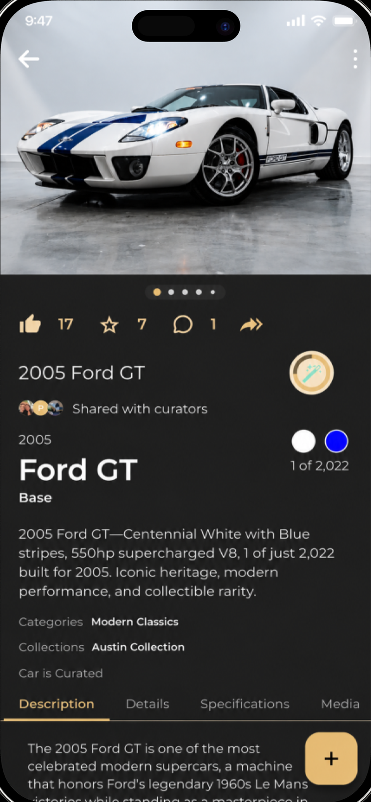 A car record in Micurato showing the cover photo and history tabs