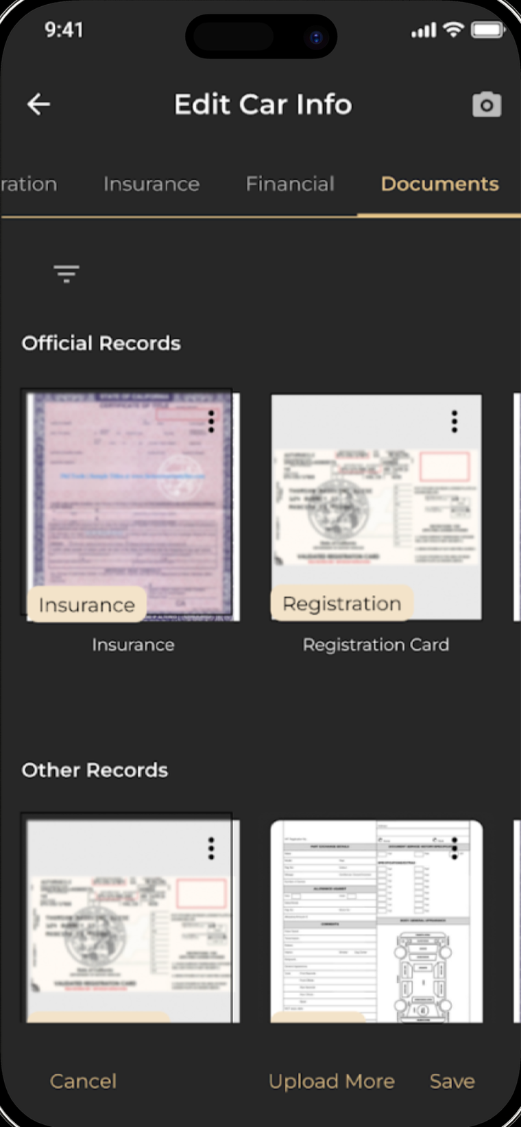 Documents filed against a car record