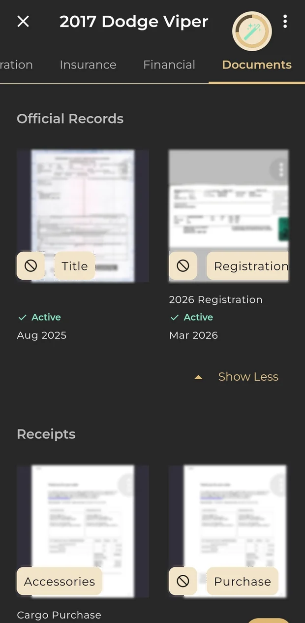 The Documents tab of a car record, showing title, registration and receipts