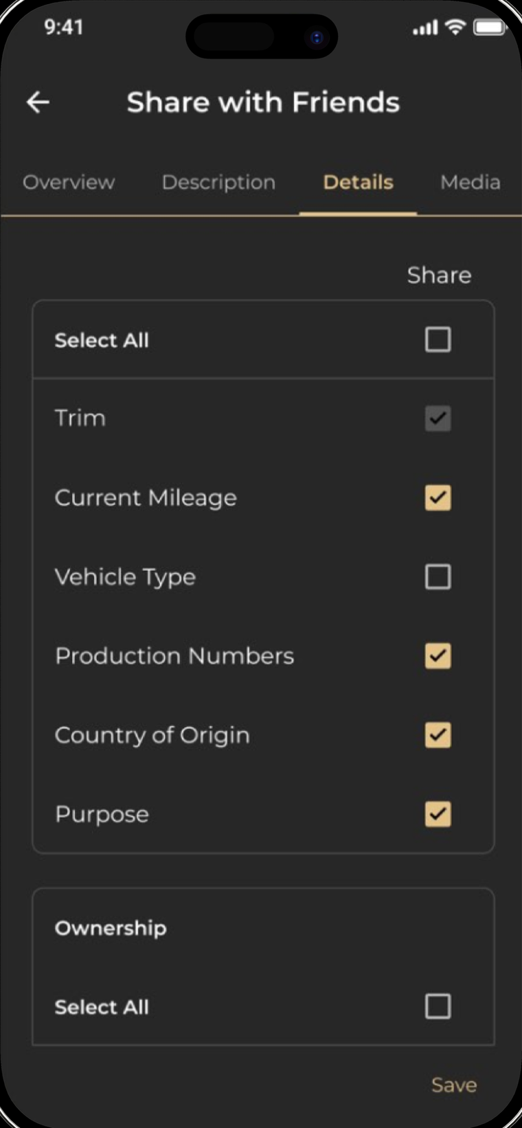 Choosing which fields are shared, one by one